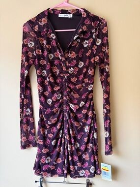 Plum Floral Ruched V-Neck Long Sleeve Mini Dress